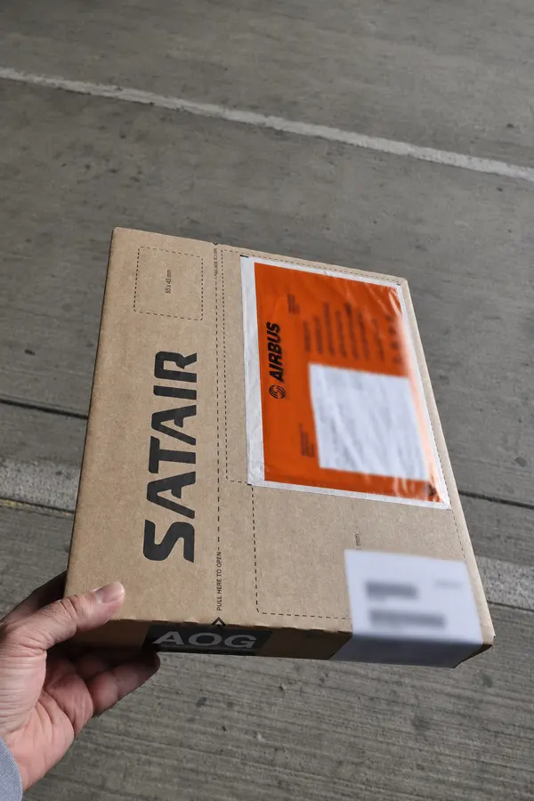 Satair-labelled OBC shipment box prepared for aircraft parts delivery