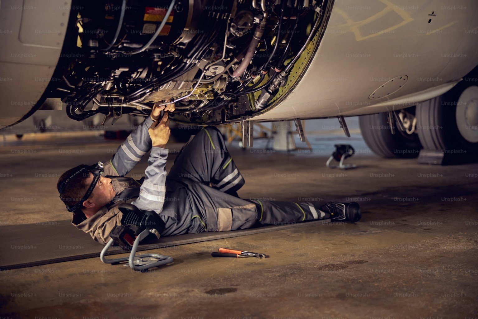 Maintenance technician working beneath an aircraft in a hangar.