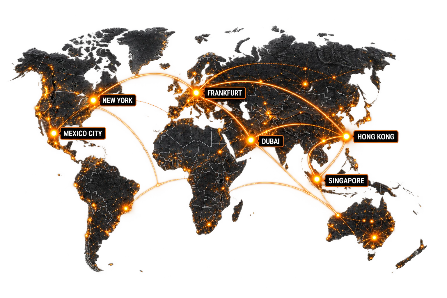 World map illustrating onboard courier connections across the Americas, Europe and Asia